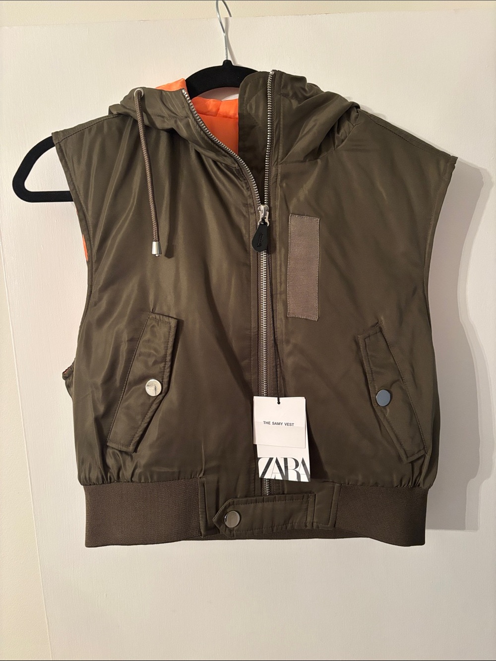 ZARA Olive Green Hooded Cropped Puffer Vest with Orange Lining NWT